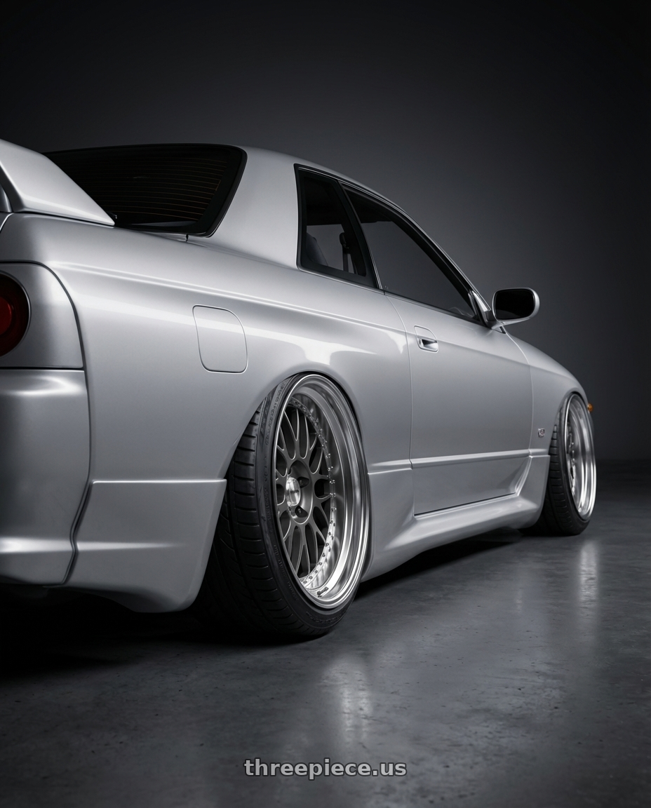 1993 Nissan Skyline gtst with Work Meister M1 3p 4x100 16x10.5+0 W Disk Matte Gunmetal wheels rear three quarter view extreme stretch tires