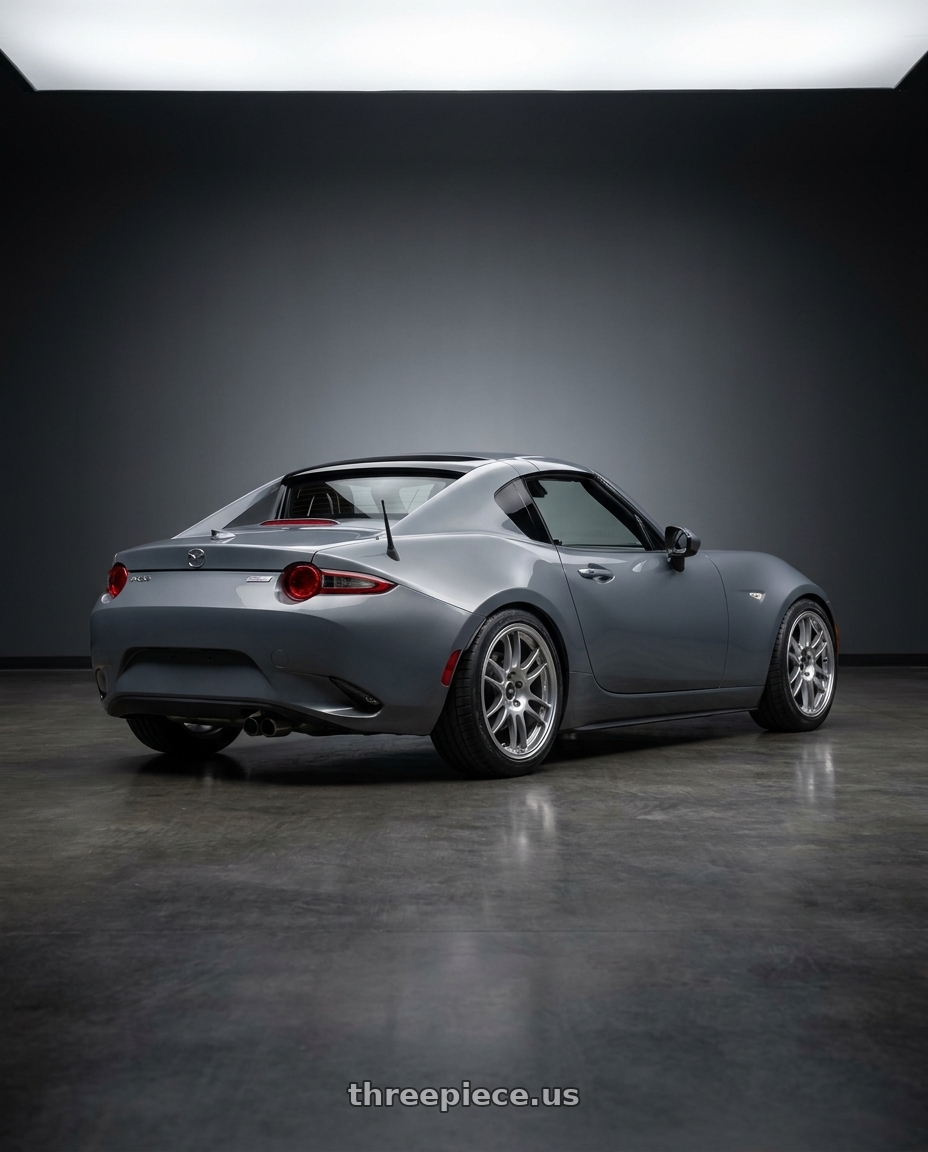 2025 mazda mx5 rf nd3 with Enkei GTC02 4x100 17x7.5+35 Hyper Silver wheels rear three quarter view square tires