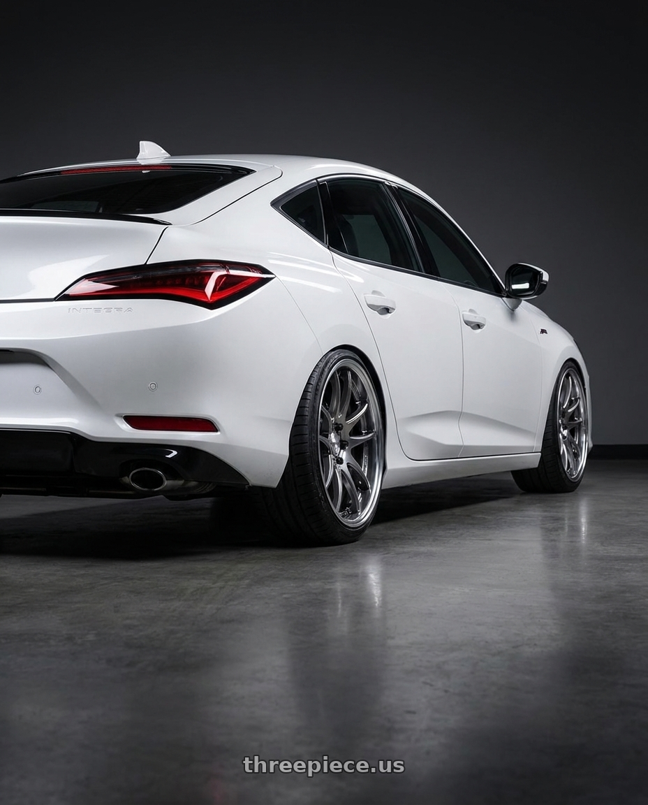 2024 acura integra aspec white with Work Cr 2P 5x114.3 18x9.5 +38 GT Silver wheels rear three quarter view slight stretch tires