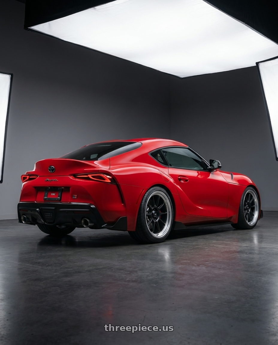 2023 Toyota GR Supra with Konig Countergram 5x112 19x11+40 Matte Black / Matte Machined Lip wheels rear three quarter view square tires