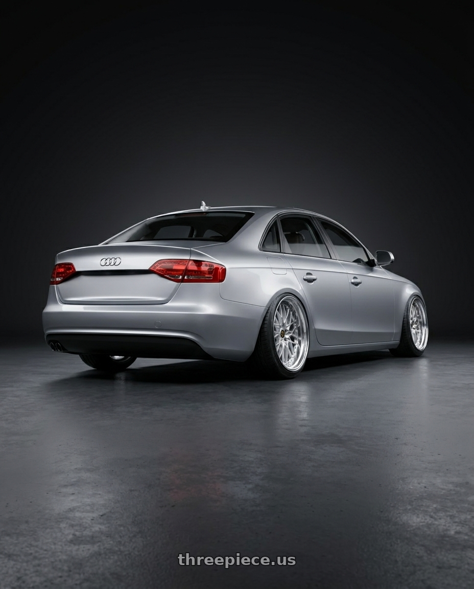 2016  Audi A4  with Work Vs-Xv 5x112 18x8.5+40 O Disk Silky Rich Silver wheels rear three quarter view extreme stretch tires