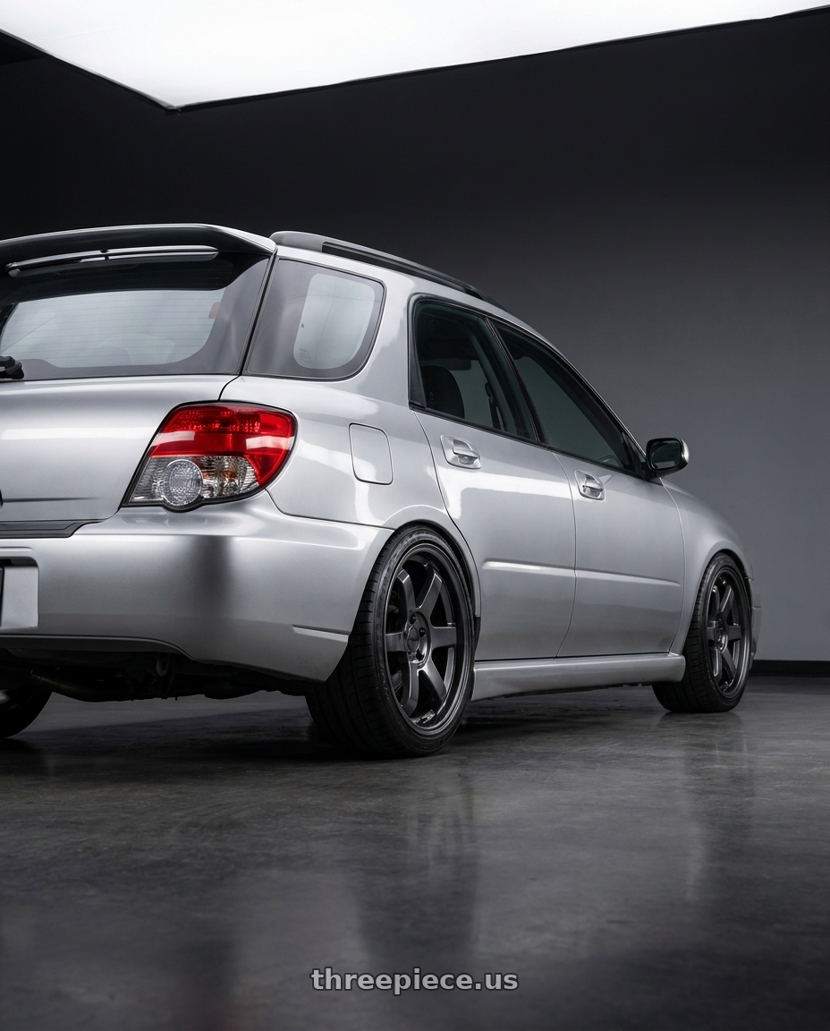 2005 Subaru wrx Impreza  with KATANA RACING KR08 5x100 18x8 +40 Glossy GunMetal wheels rear three quarter view square tires