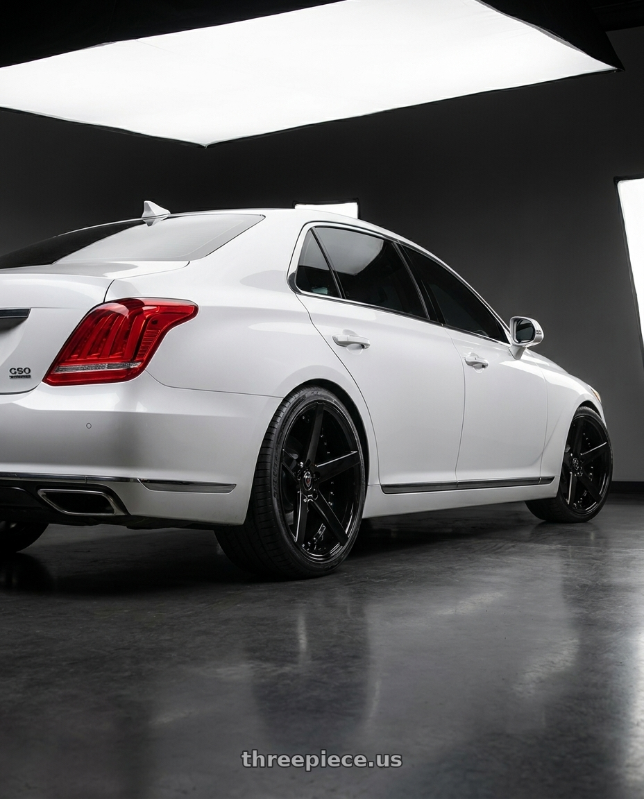 2018 genesis g90 ultimate with MARQUEE WHEELS M3226 5x114.3 20x9+33 BLACK - GLOSSY BLACK wheels rear three quarter view square tires