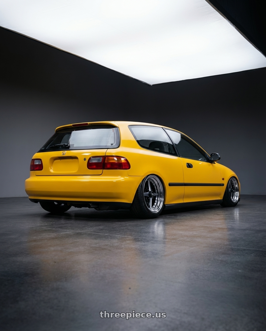 1995 honda civic cx with Equip 01 Black Polish 4x100 15x7.5 +26 wheels rear three quarter view slight stretch tires