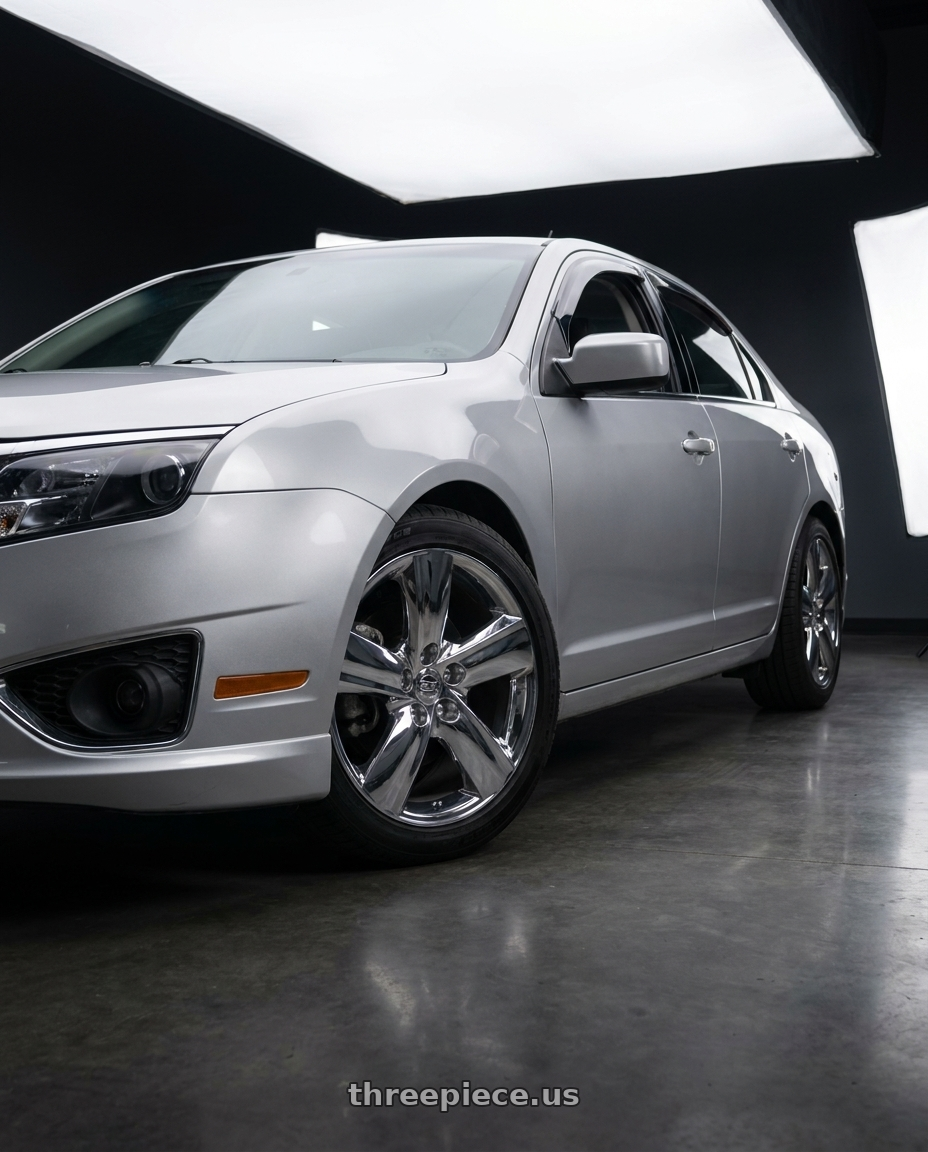 2012 Ford Fusion with OE Wheels LX19 5x114.3 18x8+35 Chrome wheels front three quarter view stock stance