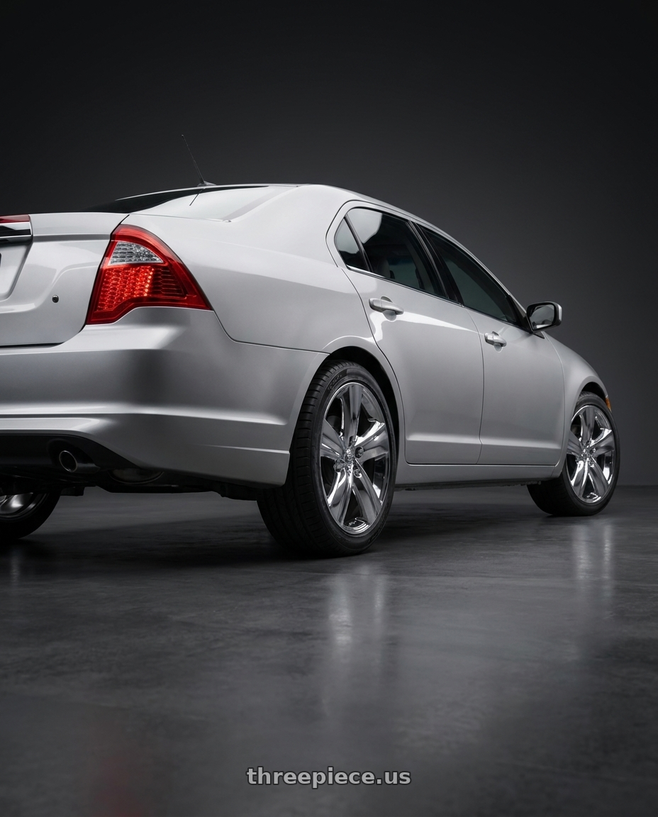 2012 Ford Fusion with OE Wheels LX19 5x114.3 18x8+35 Chrome wheels rear three quarter view square tires
