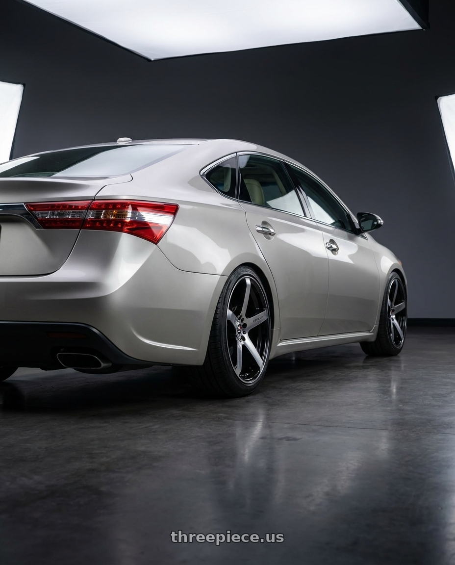 2013 toyota avalon with Spec-1 SPT-32 5x114.3/5x120 18x8 +34 Gloss Black & Machined wheels rear three quarter view slight stretch tires