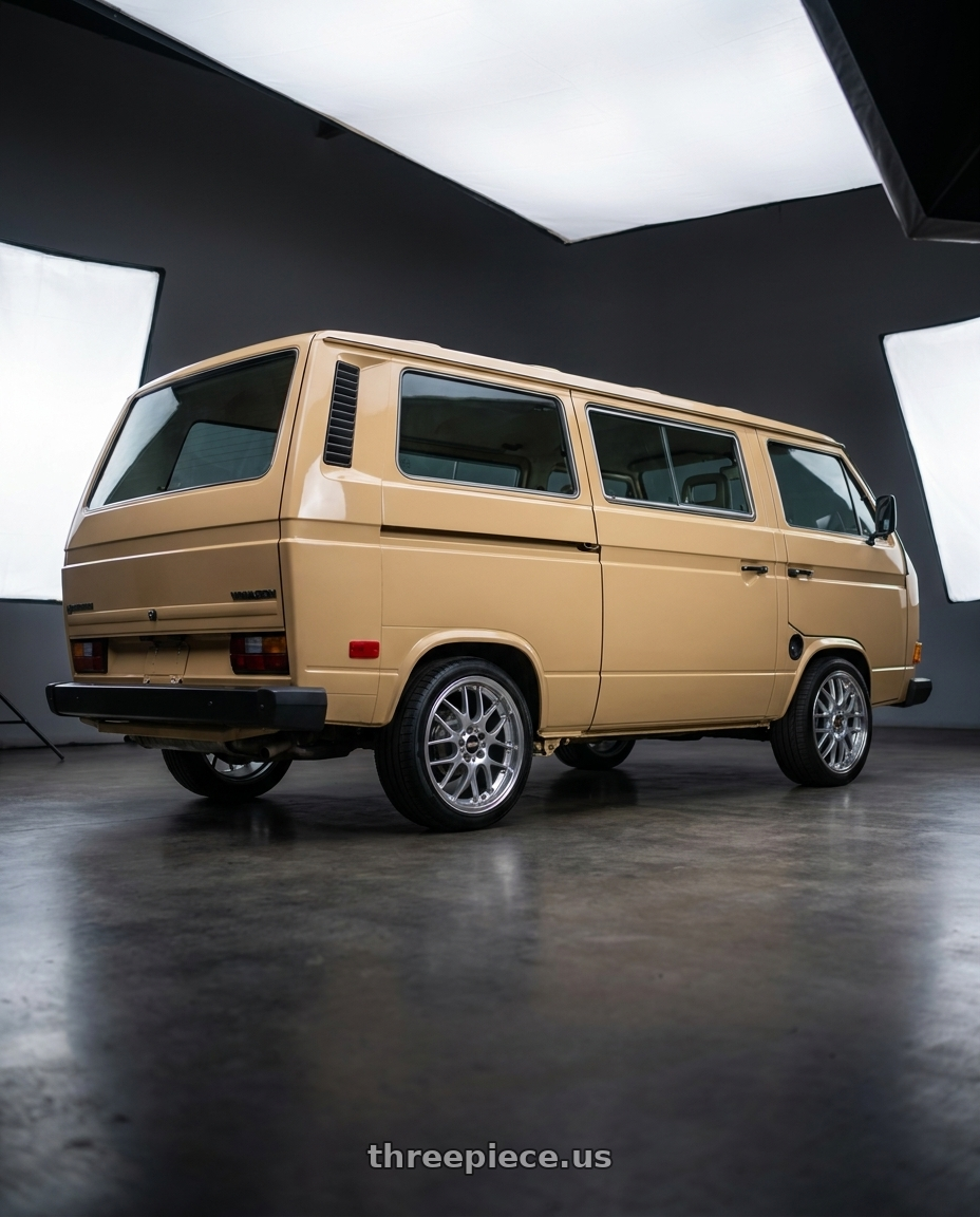 Volkswagen Vanagon 1985 with BBS RS-GT 5x112 18x8.0+35 Diamond Silver wheels rear three quarter view square tires