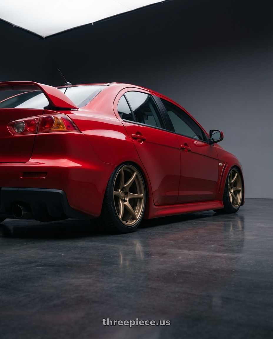 2012 Mitsubishi Lancer Evo X with Kansei K11B Tandem 5x114.3 18x10.5 12 Bronze wheels rear three quarter view slight stretch tires