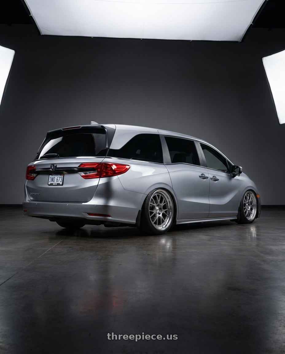 2024 Honda Odyssey with SSR Professor MS3 5x120 20x8+37 NR Disk Titan Silver wheels rear three quarter view slight stretch tires