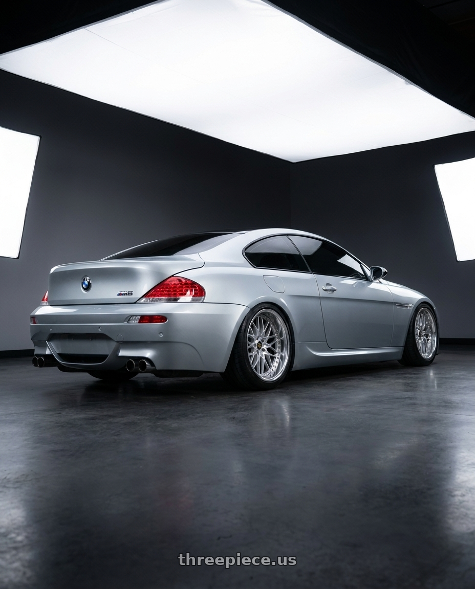 2007 bmw m6 with Work Vs-Xv 5x120 21x11+21 O Disk Silky Rich Silver wheels rear three quarter view extreme stretch tires