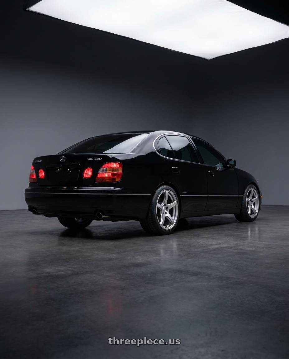 2003 lexus gs 430 black with Work Emotion T5r 5x114.3 18x8.5 +45 Glow Silver wheels rear three quarter view square tires