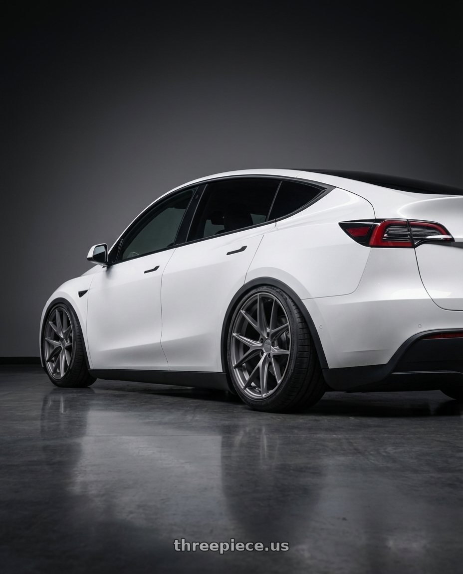 2024 Tesla Model Y with Niche 1PC M116 MISANO 5X114.3 20X9 +25 MATTE GUN METAL wheels rear three quarter view slight stretch tires