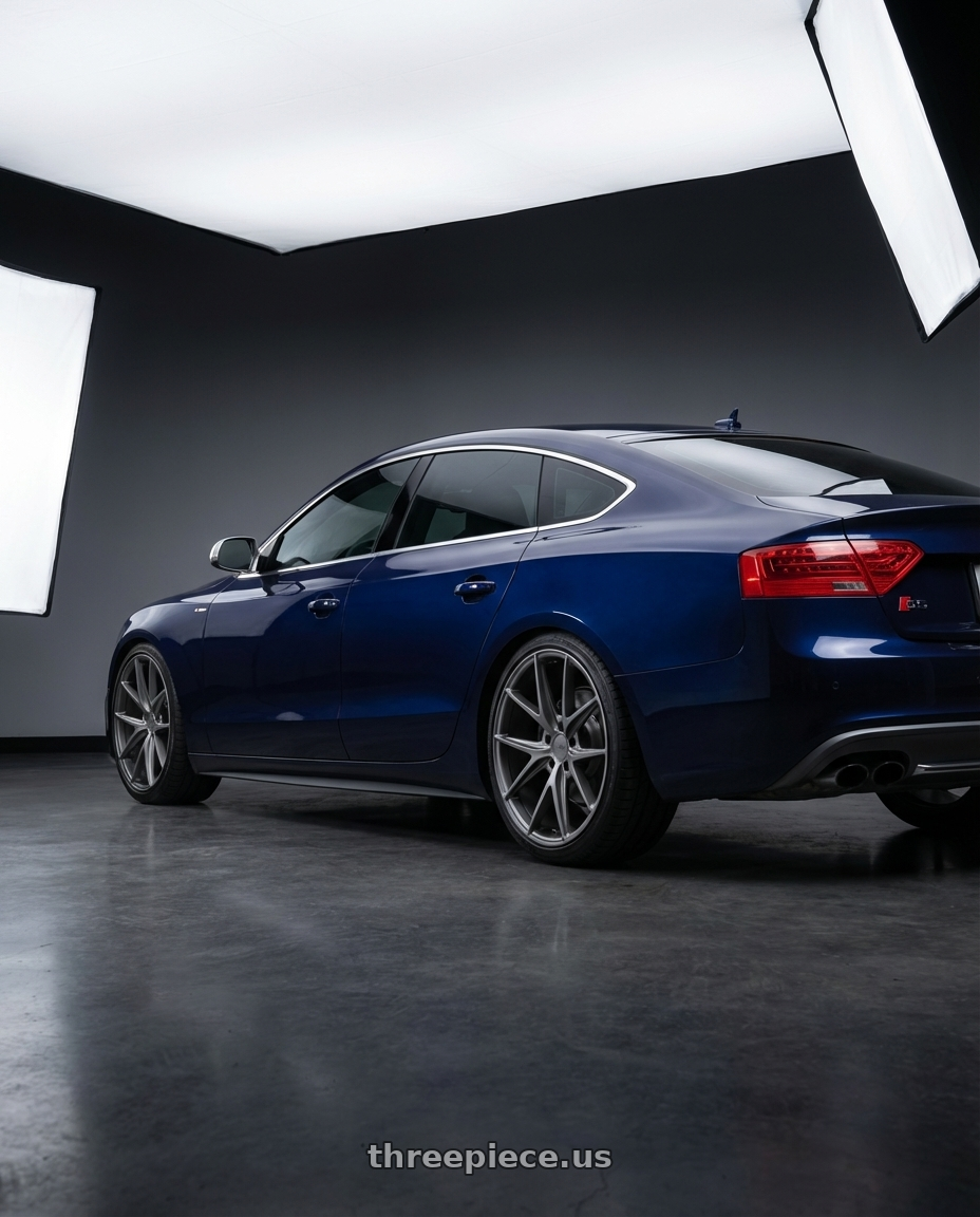 2014 Audi S5 B8 with Niche 1PC M116 MISANO 5X112 19X9.5 +50 MATTE GUN METAL wheels rear three quarter view square tires