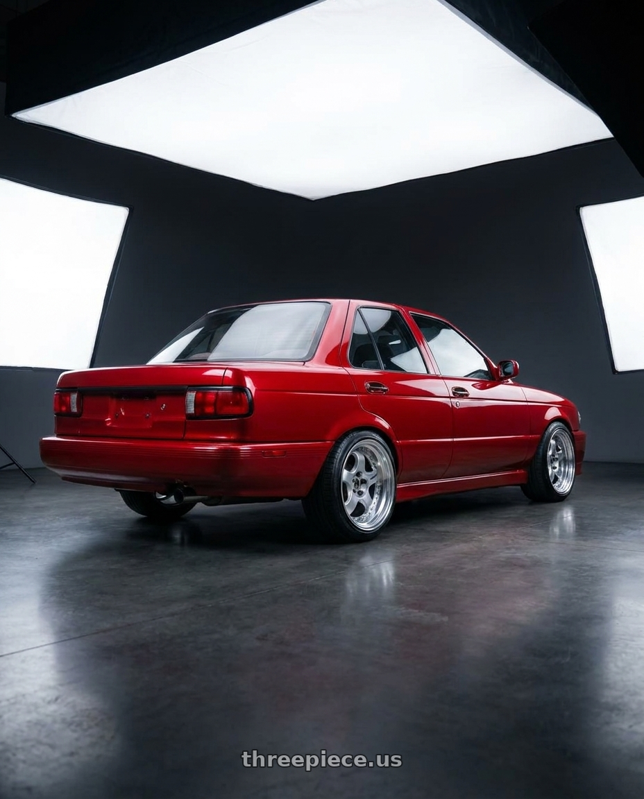 1994 nissan sentra SE with Work Meister S1 2P 4x100 15x8+38 O Disk Silver wheels rear three quarter view slight stretch tires