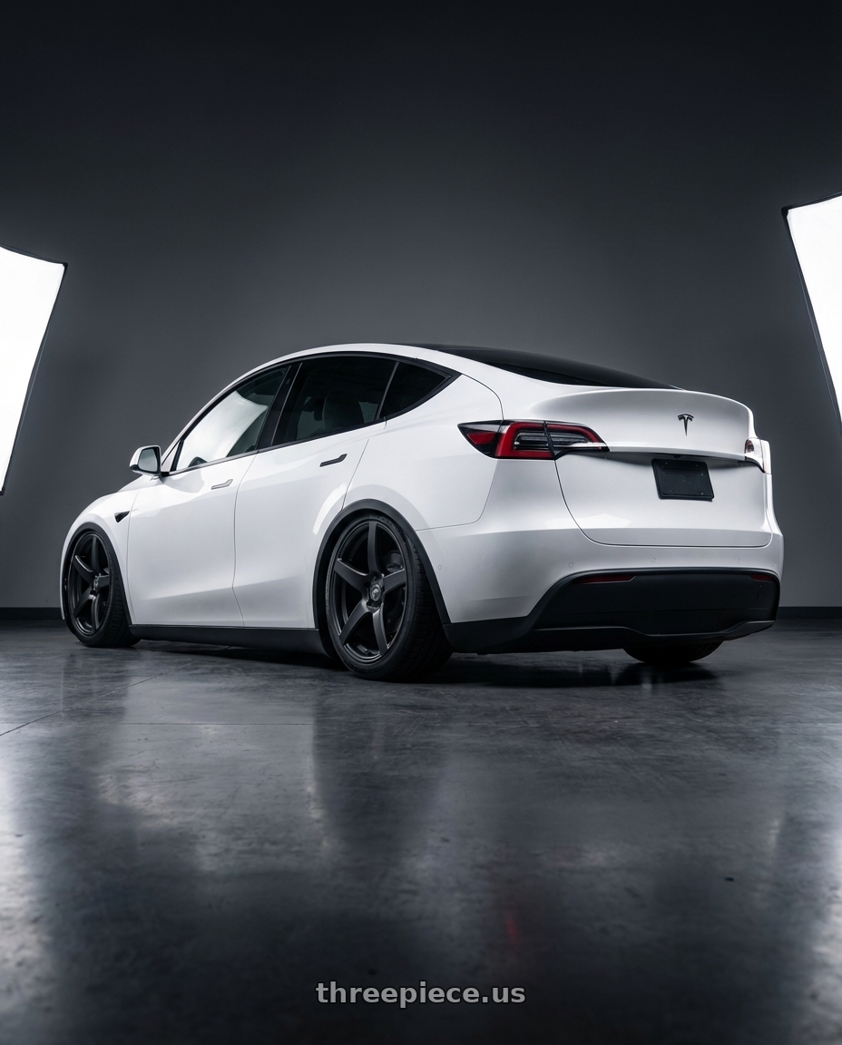 2024 Tesla Model Y with Forgestar CF5 5x114.3 20x9.5 +29 Satin Black wheels rear three quarter view slight stretch tires