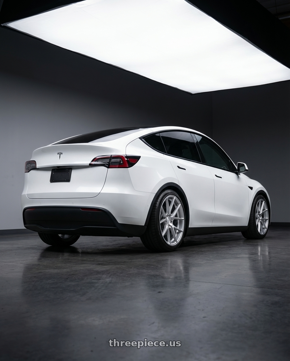 2024 Tesla Model Y with Aodhan AFF3 5x114.3 20x9+32 Gloss Silver Machined Face wheels rear three quarter view square tires