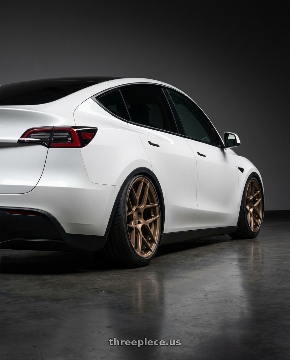 2024 Tesla Model Y with Aodhan AFF2 5x114.3 20x9+32 Matte Bronze wheels rear three quarter view slight stretch tires
