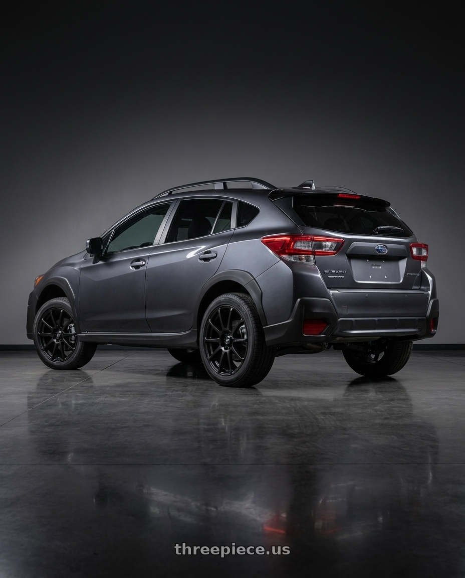 2021 Subaru Crosstrek Limited with Enkei EDR9 5x100/114.3 18x7.5+45 Black wheels rear three quarter view square tires