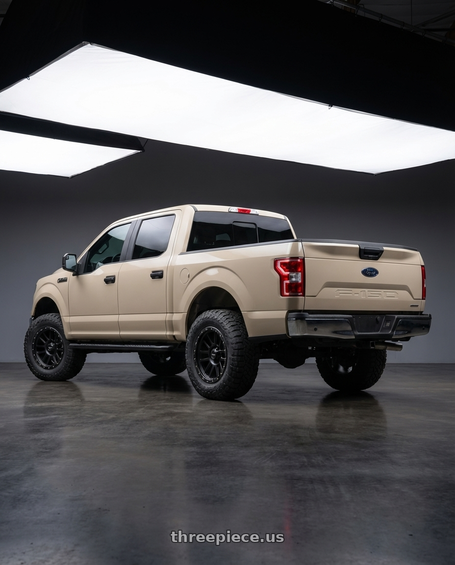 2019 Ford F-150 with Vision Off-Road 111 Nemesis 6x135 20x9+18 Matte Black wheels rear three quarter view meaty tires