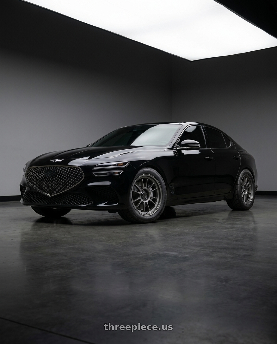 2023 Genesis G70 Victoria Black with Konig Hypergram 5X114.3 19x10.5+25 Matte Grey Flow Formed wheels