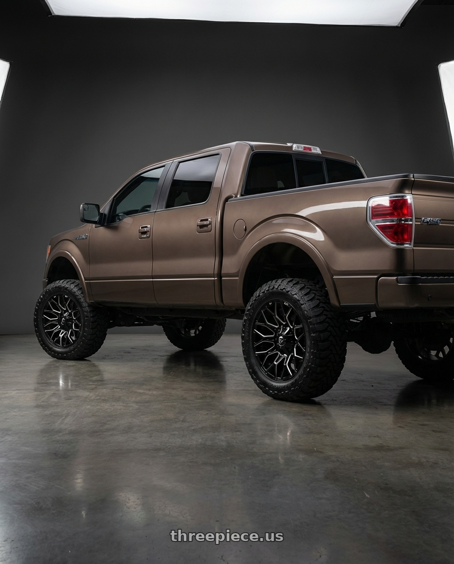 2013 Ford F-150 with Fuel 1PC D769 TWITCH 6X135/6X139.7 22X10 -18 GLOSSY BLACK MILLED wheels rear three quarter view meaty tires