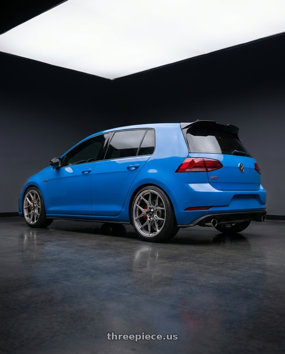 2021 volkswagon gti se with Konig Countergram 5x112 19x8.5+43 Hyper Chrome / Machined Lip wheels rear three quarter view square tires