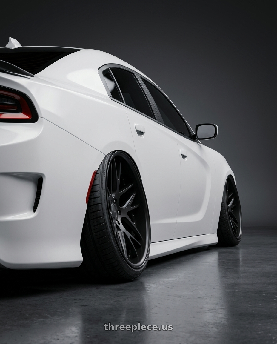 2021 Dodge Charger ScatPack with Work Gnosis Cvx 5x115 20x11+22 H Disk Matte Black wheels rear three quarter view slight stretch tires