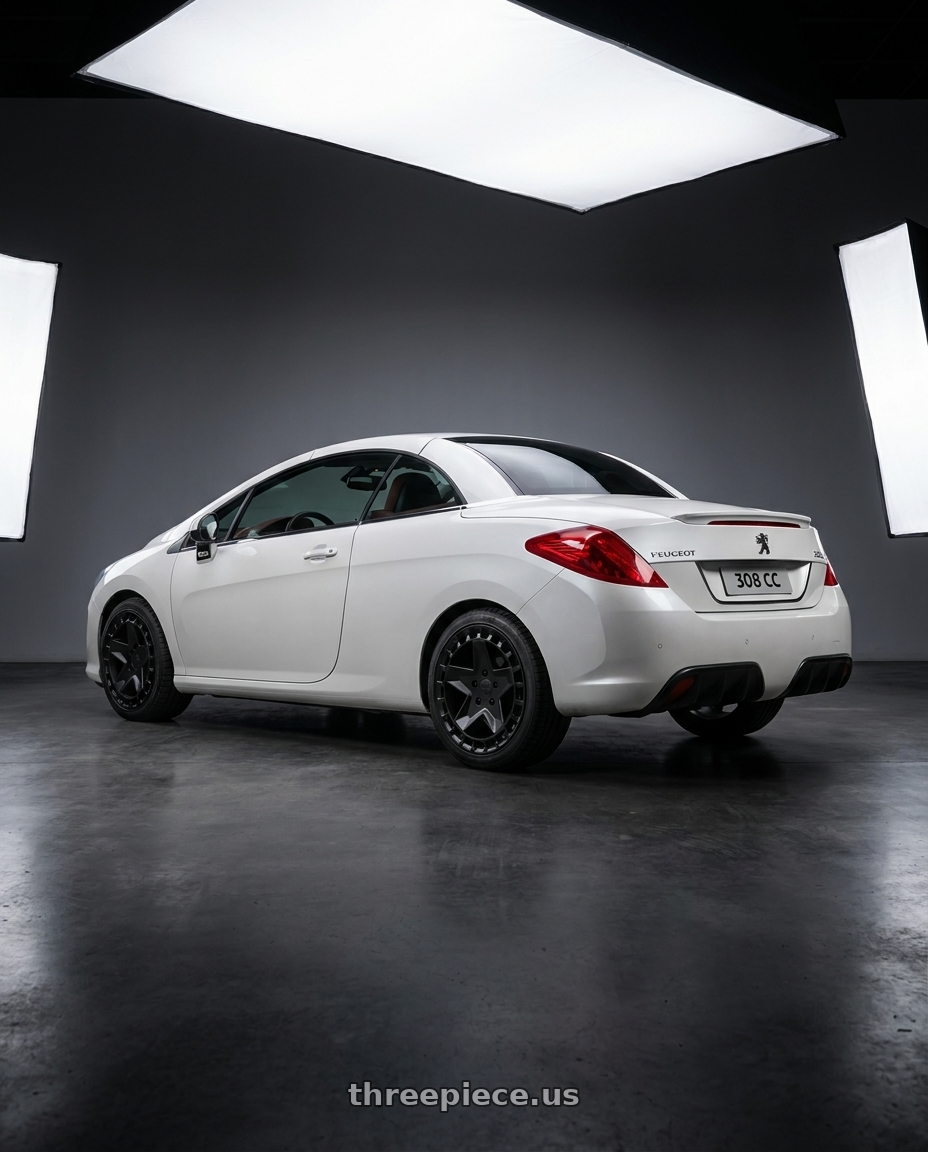 2014 Peugeot 308cc with Victor Equipment ALPEN 5X130 17X8 +20 MATTE BLACK wheels rear three quarter view square tires