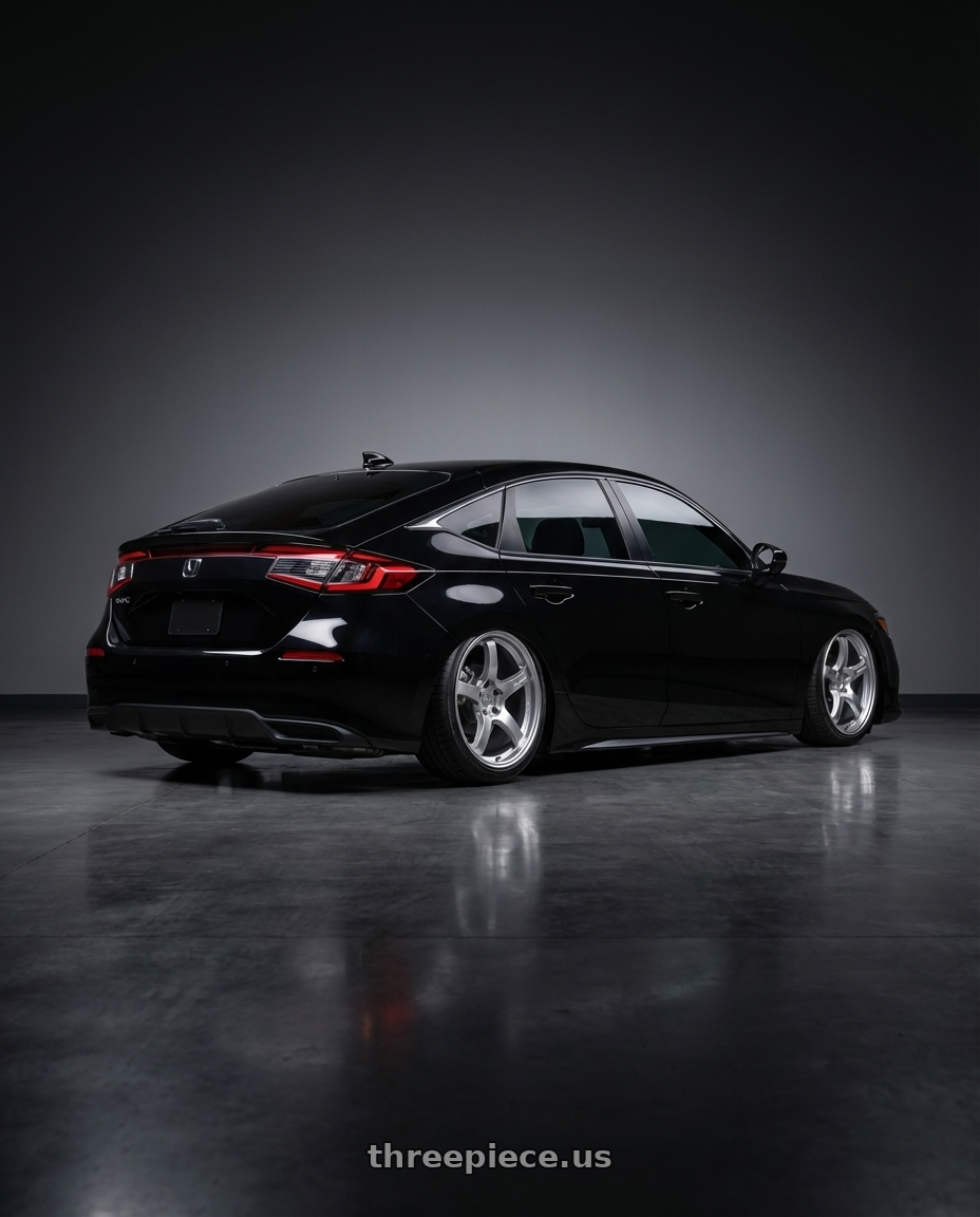 2026 honda civic hatchback with Gram Lights 57CR 5x114.3 18x9.5+38 Grace Silver wheels rear three quarter view square tires