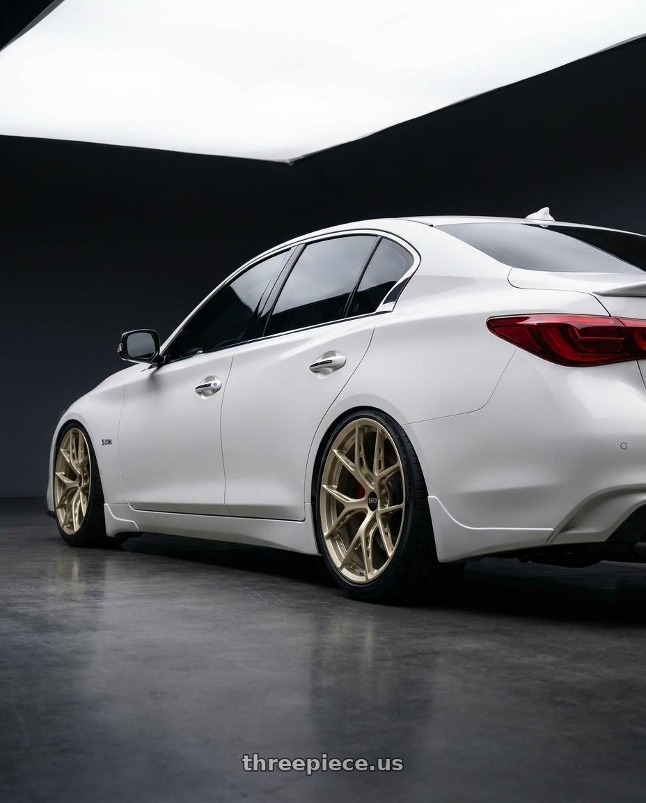2018 Infinity Q50 Red Sport  with BBS FI-R Evo 5x112 19x9.5+15 White Gold wheels rear three quarter view slight stretch tires