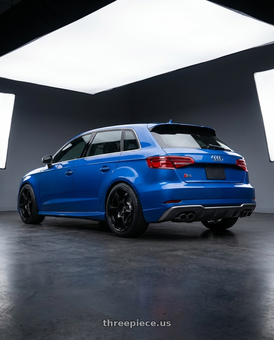 2019 Audi S3 8V with Advan RGIII 5x112 18x8+42 Gloss Black wheels rear three quarter view square tires