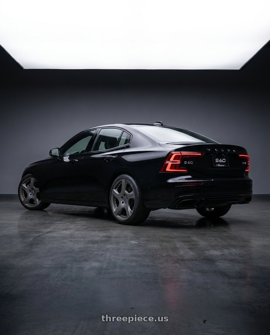 2020 Volvo S60 T6 R-Design with MRR VP3 5x108 19x8.5  +35 Matte Gun Metal Graphite wheels rear three quarter view square tires