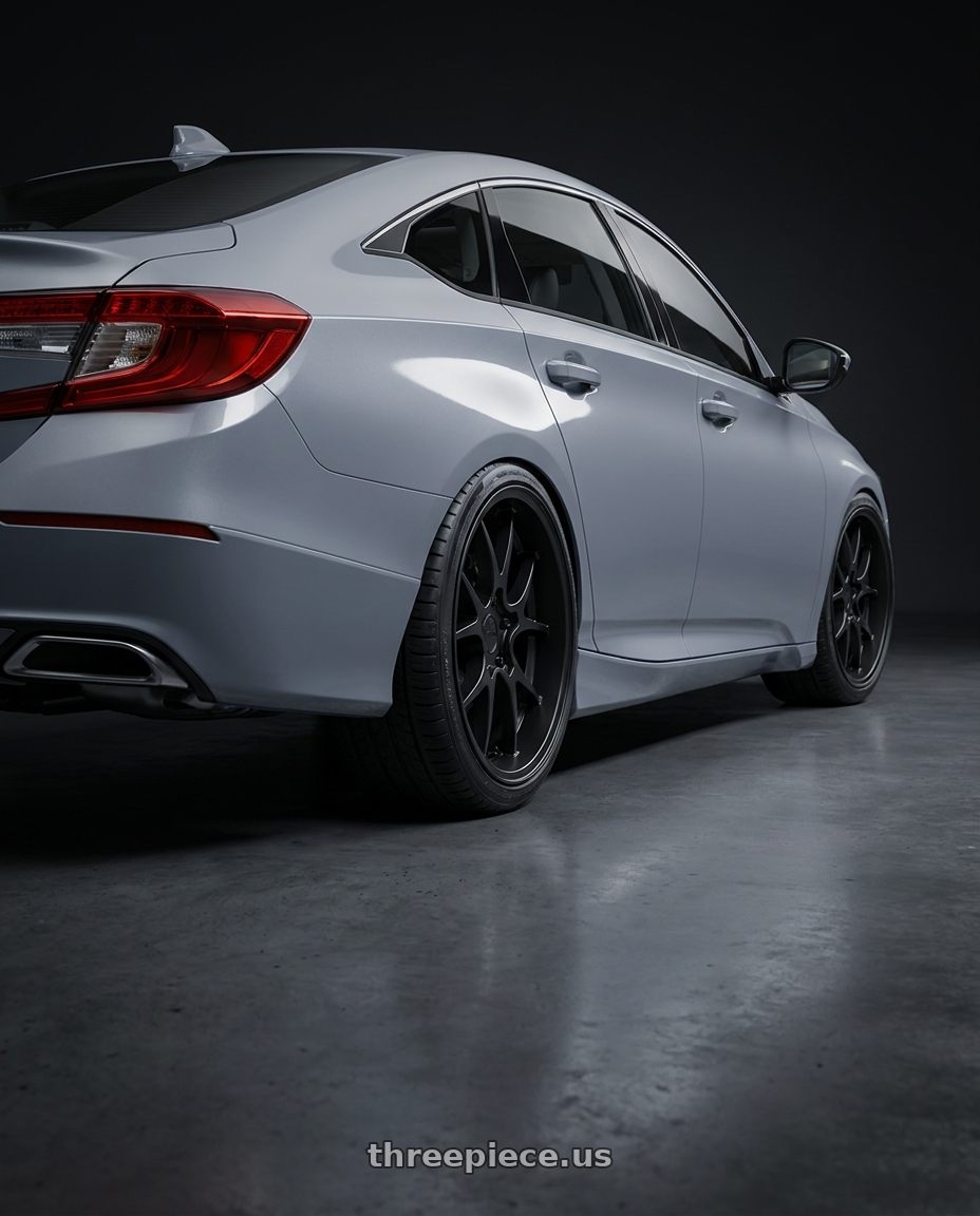 2021 Honda Accord EX-L with Rotiform 207 5x114.3 18x8.5 +35 MATTE BLACK wheels rear three quarter view square tires