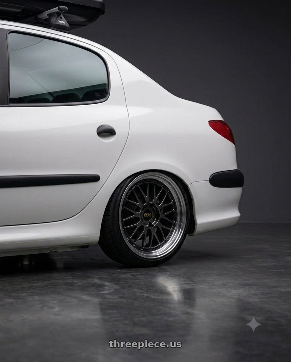 2011 Peugeot 206 SD with BBS LM 5x114.3 17x7.5+38 Diamond Black wheels rear three quarter view square tires
