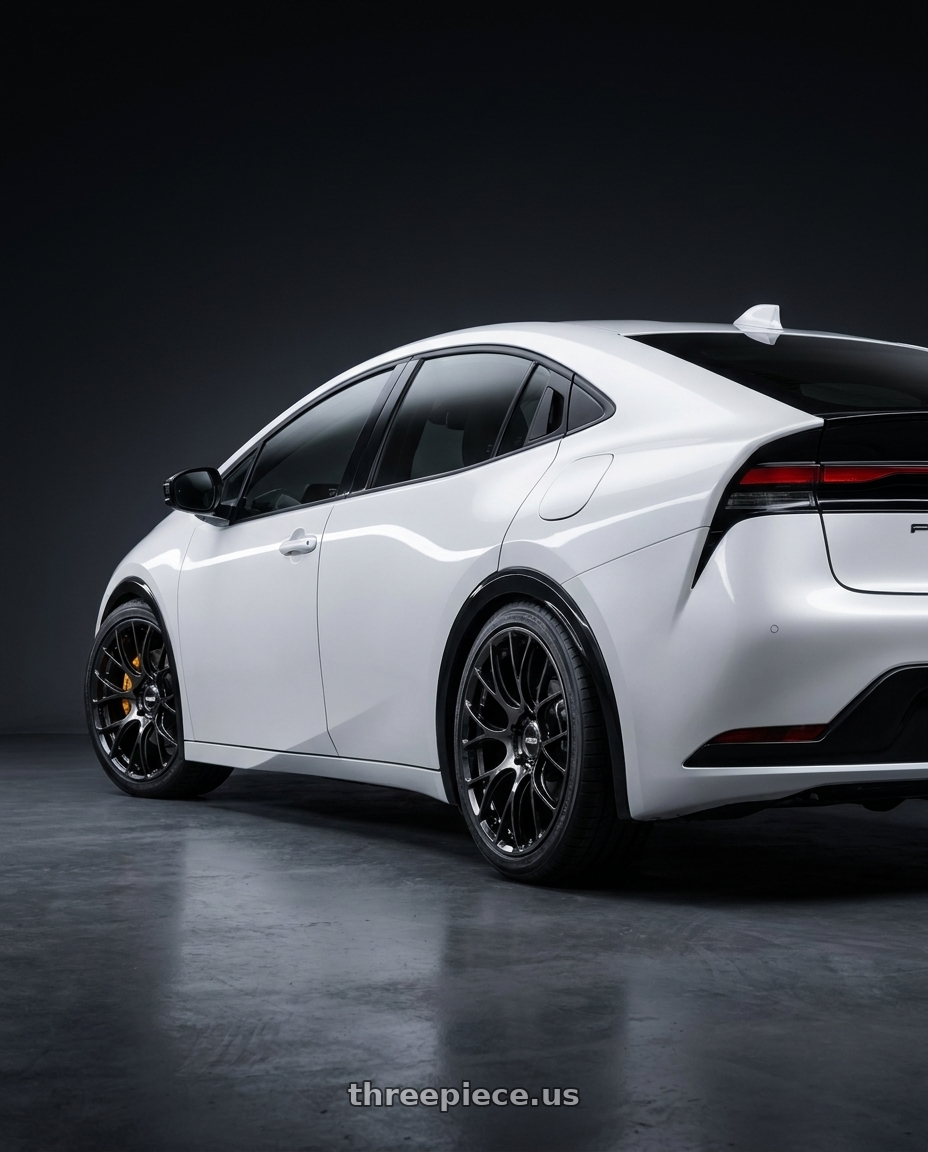 2022 toyota prius phv with Volk Racing G16 M-SPEC 5x112 19x8.5 +38 PRESSED BLACK CLEAR wheels rear three quarter view square tires
