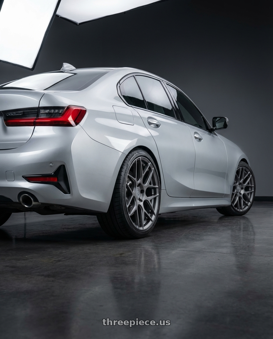 2023 BMW 3 Series G20 with Aodhan AFF2 5x112 19x8.5+35 Matte Gray wheels rear three quarter view square tires
