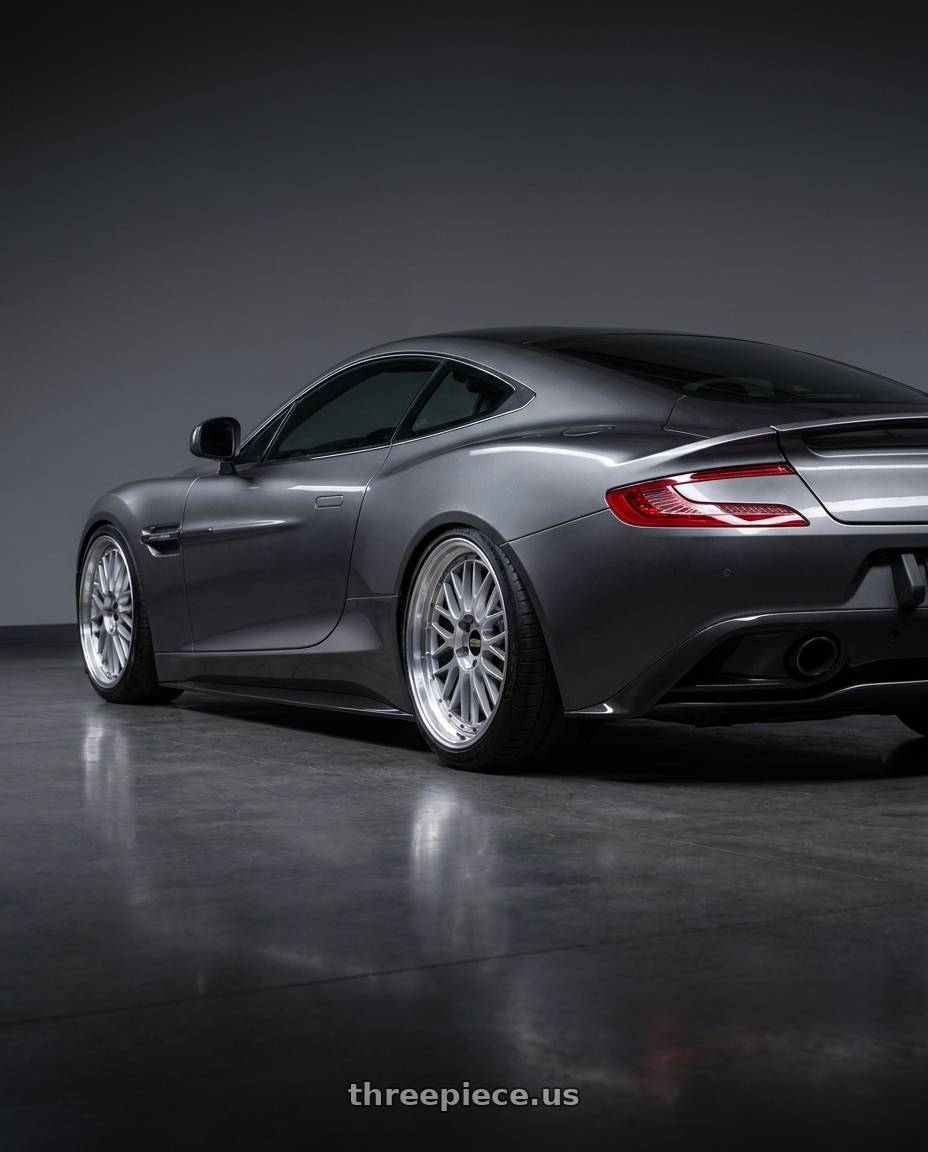 2014 Aston Martin Vanquish with BBS LM 5x114.3 18x8.5+38 Diamond Silver wheels rear three quarter view square tires