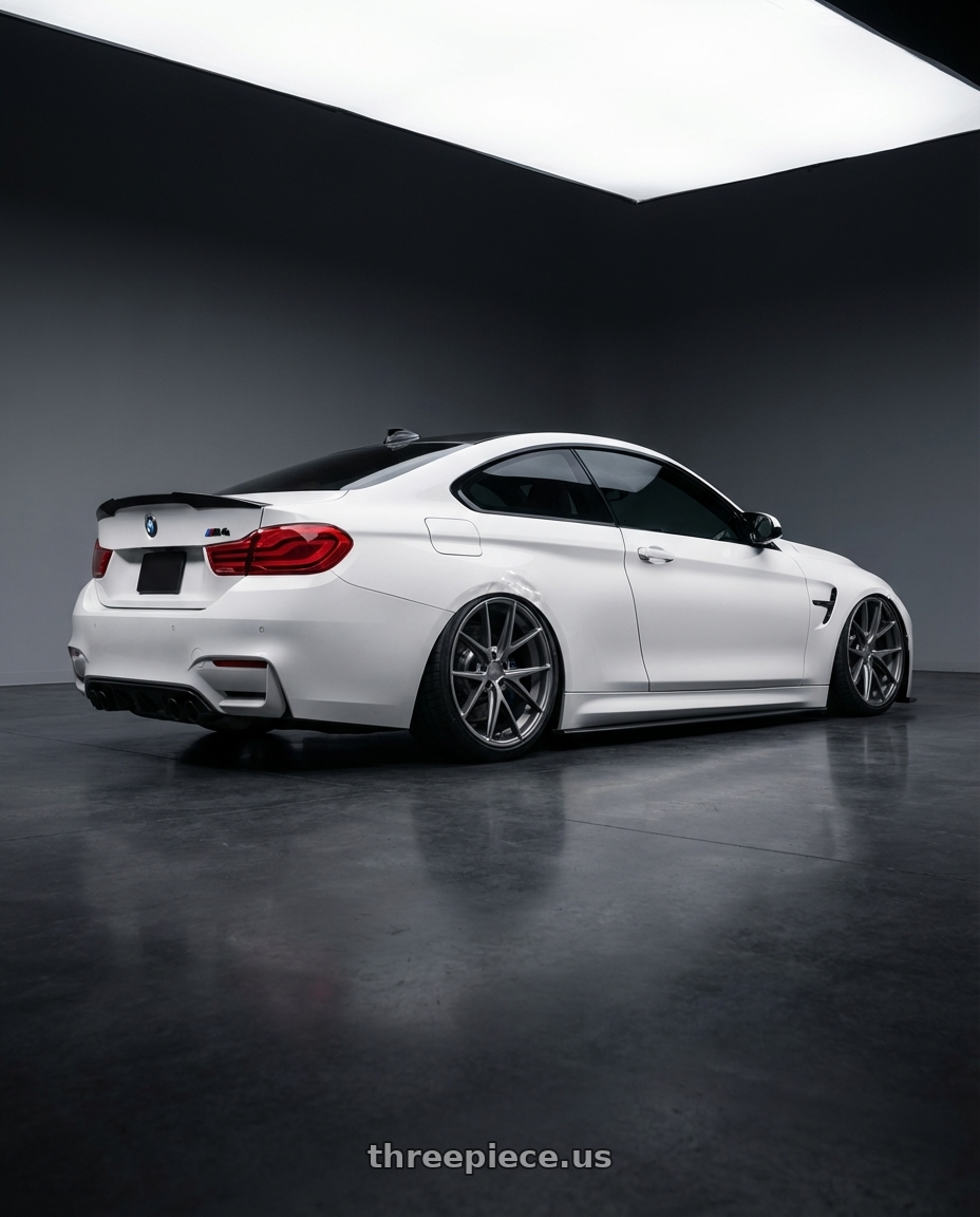 2018 BMW M4 F82 with Niche 1PC M116 MISANO 5X120 19X9.5 +35 MATTE GUN METAL wheels rear three quarter view slight stretch tires