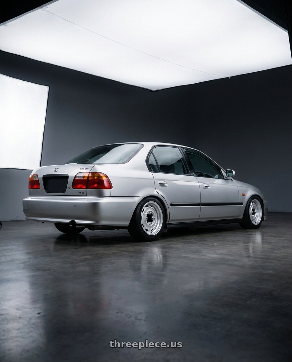 1999 honda civic with Mobelwagen MW430S Interceptor 4X130 15x5.5 20 Silver wheels rear three quarter view slight stretch tires