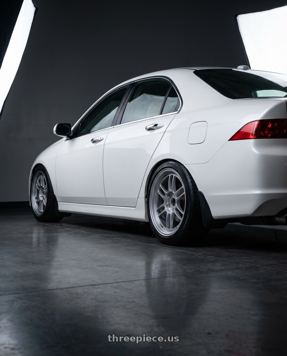 2005 Acura tsx with Enkei RPF1 5x114.3 17x8+45 Silver wheels rear three quarter view slight stretch tires