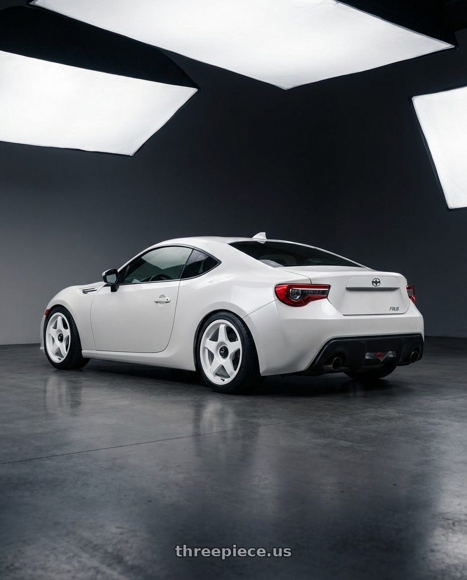 2016 Scion FR-S with fifteen52 CHICANE 5x100 / 5x112 17x7.5 +35 RALLY WHITE (GLOSS WHITE) wheels rear three quarter view square tires