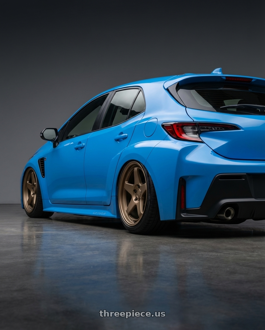 2024 Toyota GR Corolla with Kansei K12B KNP 5x114.3 18x9.5 22 Bronze wheels rear three quarter view slight stretch tires