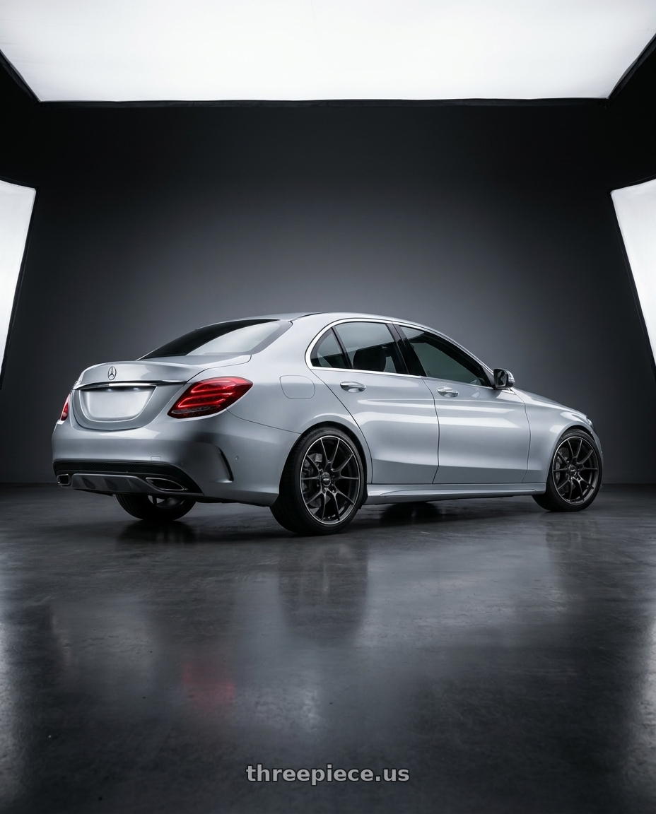 2016 Mercedes-Benz c class sedan with Volk Racing G025 5x100 18x7.5+48 Matte Gunblack / Rim Edge DC wheels rear three quarter view square tires