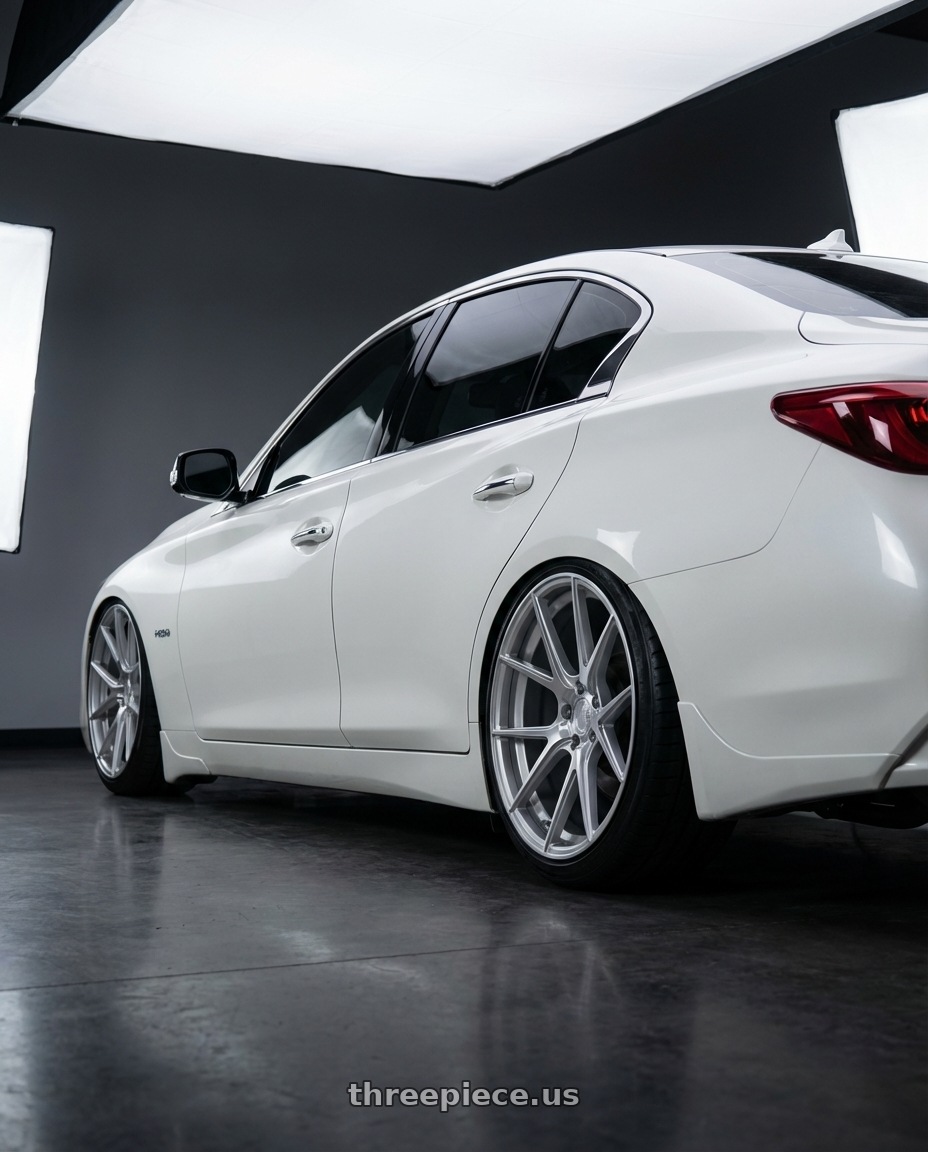 2020 Infiniti Q50 with Aodhan AFF3 5x114.3 20x9+32 Gloss Silver Machined Face wheels rear three quarter view slight stretch tires