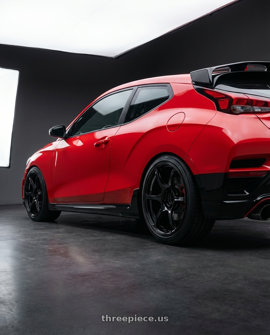 2022 Hyundai Veloster N with Advan RGIII 5x114.3 19x8.5+38 Gloss Black wheels rear three quarter view square tires