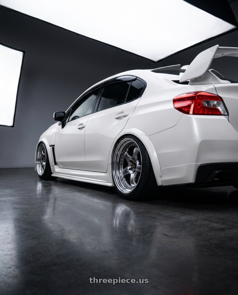 2018 Subaru WRX sti with Work Wheels VS-KF 5X114.3 19x10.5+9 Brilliant Silver Black A Disk FULL REVERSE wheels rear three quarter view slight stretch tires