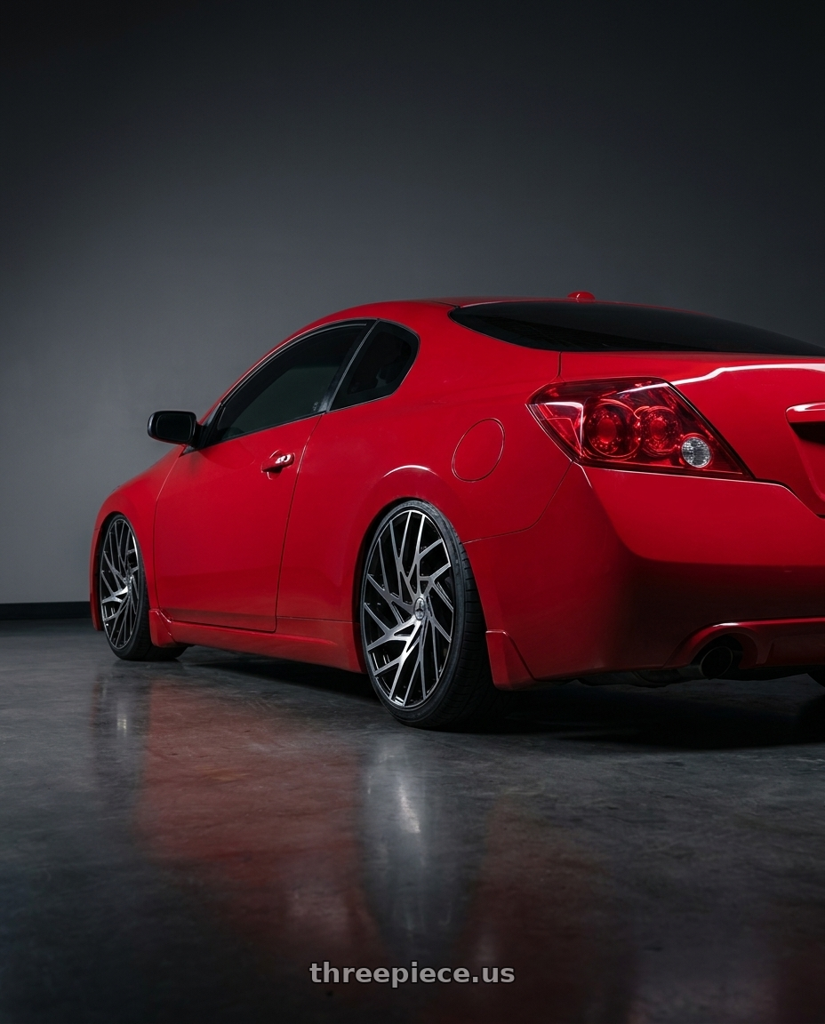 2010 Nissan Altima Coupe S with Azara AZA-518 5x110 / 5x114.3 20x8.5 +35 Gloss Black & Machined wheels rear three quarter view square tires