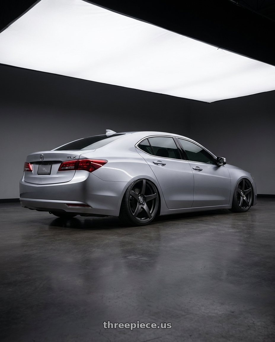 2019 Acura TLX with Forgestar CF5 5x114.3 20x9 +35 Satin Black wheels rear three quarter view slight stretch tires