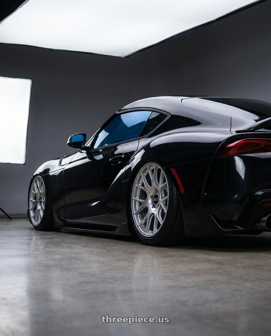 2019 Toyota Supra A90  with BBS CH-R 5x130 19x12 +45 Brilliant Silver Polished Rim Protector wheels rear three quarter view square tires